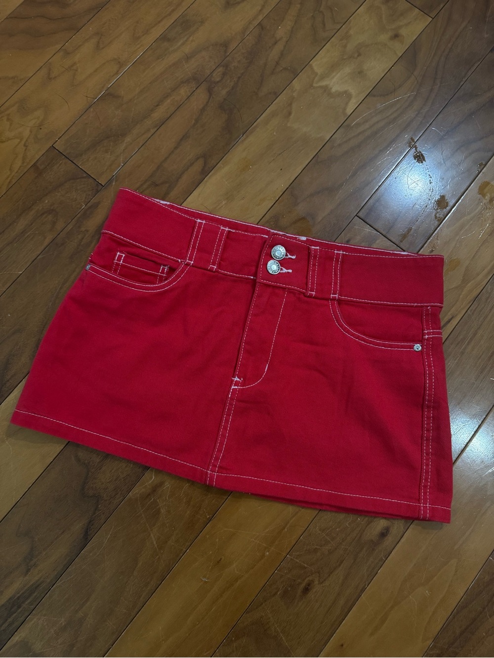 refuge Red Denim Mini Skirt with Contrast Stitching